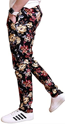 QZH.DUAO EMAOR Floral Printed Casual Pants Slim Fit Flower Trousers for Men, Black, US 40 = Tag 6XL