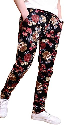 QZH.DUAO EMAOR Floral Printed Casual Pants Slim Fit Flower Trousers for Men, Black, US 40 = Tag 6XL