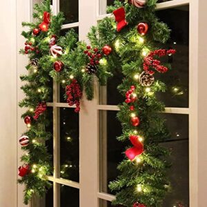 mortime 9 ft led christmas garland with pinecones red berries bows christmas balls candies, multi-function christmas garland with 50 warm white led lights, 180 branch tips