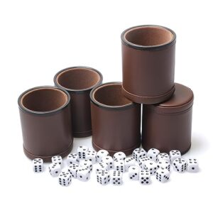 reriver 5 pack pu leather dice cups velvet felt-lined shaker cups with 25 dot dice for bar party yahtzee farkle dice games, brown