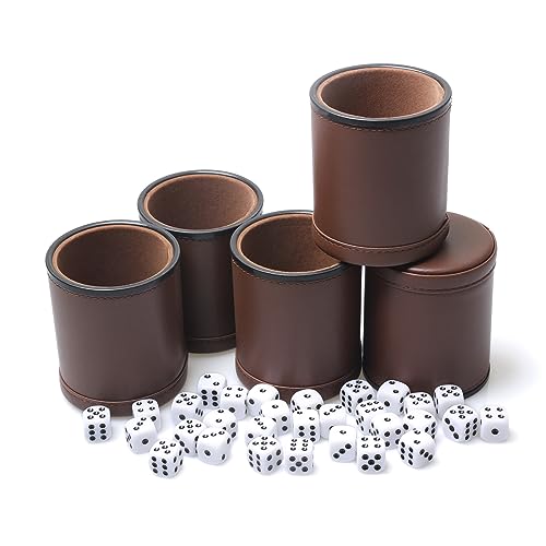 RERIVER 5 Pack PU Leather Dice Cups Velvet Felt-Lined Shaker Cups with 25 Dot Dice for Bar Party Yahtzee Farkle Dice Games, Brown