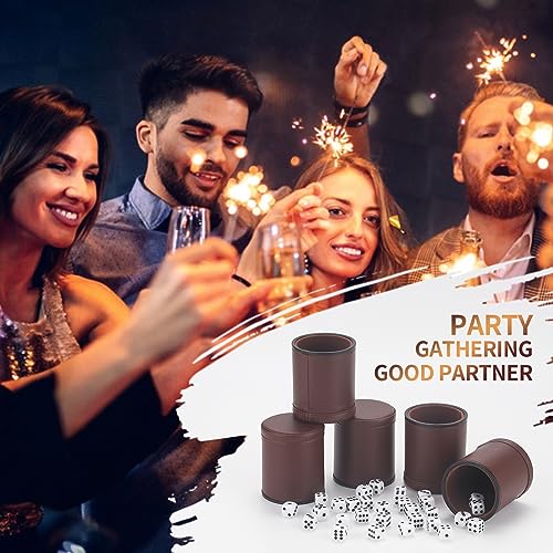 RERIVER 5 Pack PU Leather Dice Cups Velvet Felt-Lined Shaker Cups with 25 Dot Dice for Bar Party Yahtzee Farkle Dice Games, Brown