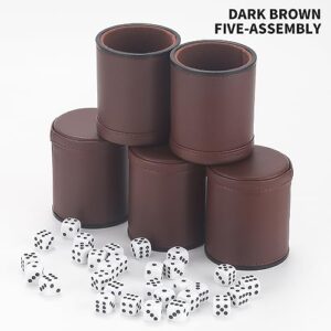 RERIVER 5 Pack PU Leather Dice Cups Velvet Felt-Lined Shaker Cups with 25 Dot Dice for Bar Party Yahtzee Farkle Dice Games, Brown