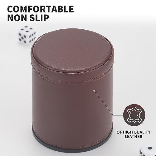 RERIVER 5 Pack PU Leather Dice Cups Velvet Felt-Lined Shaker Cups with 25 Dot Dice for Bar Party Yahtzee Farkle Dice Games, Brown