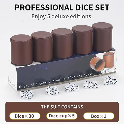 RERIVER 5 Pack PU Leather Dice Cups Velvet Felt-Lined Shaker Cups with 25 Dot Dice for Bar Party Yahtzee Farkle Dice Games, Brown