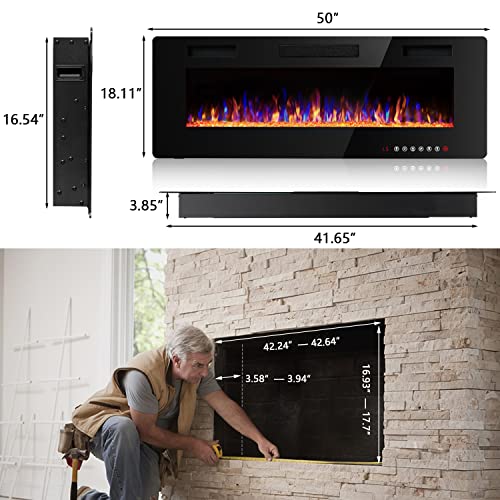 Vitesse 50 inch Ultra-Thin Electric Fireplace in-Wall Recessed and Wall Mounted Fireplace Heater,Linear Fireplace with Multicolor Flame,Timer,Low Noise,750/1500W,Touch Screen & Remote Control(50’’)