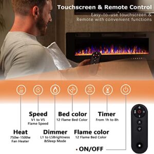 Vitesse 50 inch Ultra-Thin Electric Fireplace in-Wall Recessed and Wall Mounted Fireplace Heater,Linear Fireplace with Multicolor Flame,Timer,Low Noise,750/1500W,Touch Screen & Remote Control(50’’)