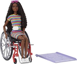 barbie fashionistas doll #166 with wheelchair and ramp, crimped brunette hair and rainbow-striped dress with accessories (amazon exclusive)