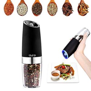 electric gravity pepper grinder or salt grinder with adjustable thickness, automatic pepper grinder battery, with blue led light, dld one-hand operation, brushed stainless steel (1 piece black)