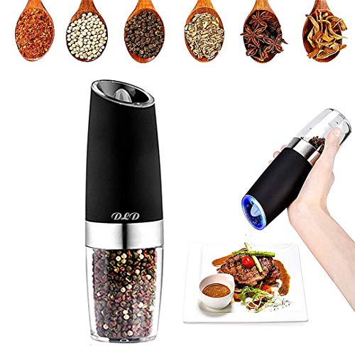 Electric gravity pepper grinder or salt grinder with adjustable thickness, automatic pepper grinder battery, with blue LED light, DLD one-hand operation, brushed stainless steel (1 piece Black)