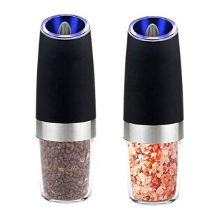 Electric gravity pepper grinder or salt grinder with adjustable thickness, automatic pepper grinder battery, with blue LED light, DLD one-hand operation, brushed stainless steel (1 piece Black)