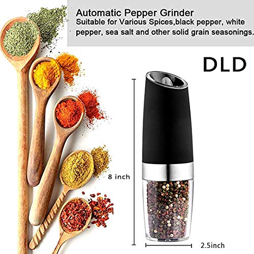 Electric gravity pepper grinder or salt grinder with adjustable thickness, automatic pepper grinder battery, with blue LED light, DLD one-hand operation, brushed stainless steel (1 piece Black)