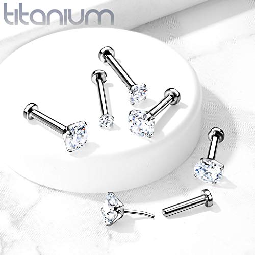 Amelia Fashion Implant Grade Titanium Threadless Push in Labret, Flat Back Studs with CZ Prong Set Top for Cartilage, Monroe, Nose and More (Choose Size) (18GA (1mm) L.1/4" (6mm) BALL: 3mm)