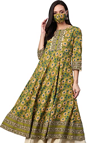 Yash Gallery Printed Yoke Design Cotton Anarkali Kurta for Women Indian Style Green