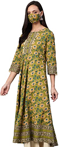 Yash Gallery Printed Yoke Design Cotton Anarkali Kurta for Women Indian Style Green