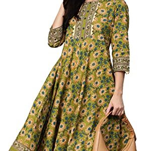 Yash Gallery Printed Yoke Design Cotton Anarkali Kurta for Women Indian Style Green