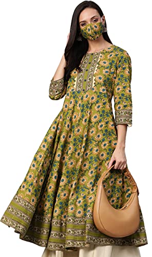 Yash Gallery Printed Yoke Design Cotton Anarkali Kurta for Women Indian Style Green