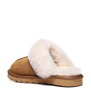 TARRAMARRA Muffin Australian Sheepskin Slippers, Premium Australian Shearling Scuff Slippers Fur Collar Slip-on House Shoes For Women and Men Chestnut US Women 8