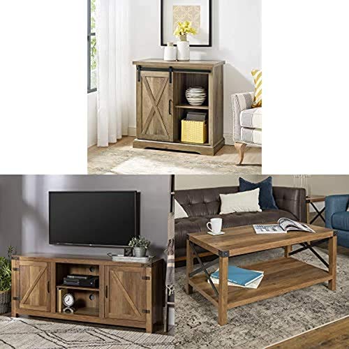 Walker Edison Furniture Modern Farmhouse Buffet Entryway Bar Cabinet Storage with Wood Universal Stand for TV's and Metal and Wood Rectangle Accent Coffee Table Living Room