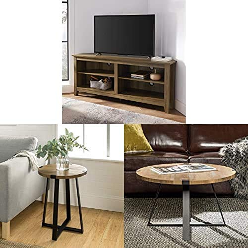 Walker Edison Furniture Company Simple Farmhouse Wood Stand Cabinets with Metal Side End Accent Table Living Room and Round Metal Coffee Accent Table Living Room