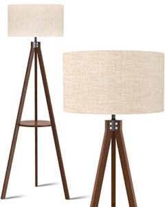 lepower tripod floor lamp, mid century standing lamp with shelf, modern design wood floor lamps for living room, bedroom, office, flaxen lamp shade with e26 lamp base