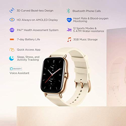 Amazfit GTS 2 Smart Watch for Women Android iPhone, Bluetooth Phone Call, Built-in Alexa & GPS, Fitness Watch with 90 Sports Modes, Blood Oxygen Heart Rate Tracker, 5 ATM Water Resistant, Gold