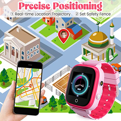 4G Kids SmartWatches, IP67 Waterproof LBS WiFi GPS Tracker Children Smartwatch Phone Call for Boys Girls, Touch Screen Cellphone Video Call Voice Chat Anti-Lost SOS Learning Toy for Kids Gift, Pink