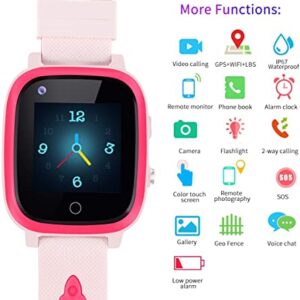 4G Kids SmartWatches, IP67 Waterproof LBS WiFi GPS Tracker Children Smartwatch Phone Call for Boys Girls, Touch Screen Cellphone Video Call Voice Chat Anti-Lost SOS Learning Toy for Kids Gift, Pink