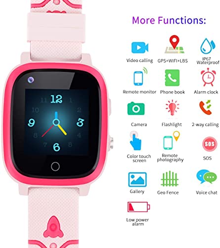 4G Kids SmartWatches, IP67 Waterproof LBS WiFi GPS Tracker Children Smartwatch Phone Call for Boys Girls, Touch Screen Cellphone Video Call Voice Chat Anti-Lost SOS Learning Toy for Kids Gift, Pink