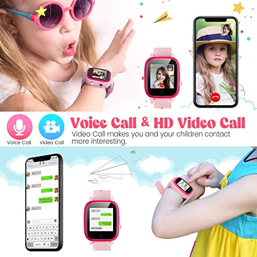 4G Kids SmartWatches, IP67 Waterproof LBS WiFi GPS Tracker Children Smartwatch Phone Call for Boys Girls, Touch Screen Cellphone Video Call Voice Chat Anti-Lost SOS Learning Toy for Kids Gift, Pink