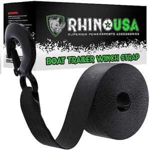rhino usa boat trailer winch strap (2 inch x 20 foot) - 5,016lb maximum break strength - ultimate marine whinch pulley straps for pontoon, waverunner, fishing boat + many more (black)