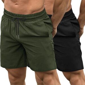 coofandy shorts for men 2 pack 7" quick dry gym workout shorts training running jogger with pockets (black/olive green, x-large)