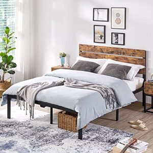 yaheetech industrial platform bed frame full with wood headboard and metal slats, rustic country bed with mattress foundation/12 inch underbed storage/no box spring needed/strong slats support, brown