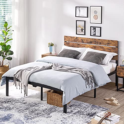 Yaheetech Industrial Platform Bed Frame Full with Wood Headboard and Metal Slats, Rustic Country Bed with Mattress Foundation/12 Inch Underbed Storage/No Box Spring Needed/Strong Slats Support, Brown