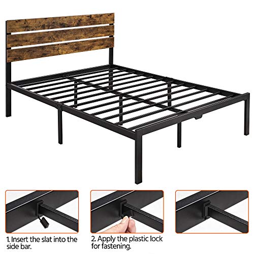 Yaheetech Industrial Platform Bed Frame Full with Wood Headboard and Metal Slats, Rustic Country Bed with Mattress Foundation/12 Inch Underbed Storage/No Box Spring Needed/Strong Slats Support, Brown
