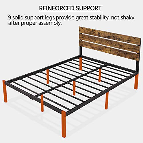 Yaheetech Industrial Platform Bed Frame Full with Wood Headboard and Metal Slats, Rustic Country Bed with Mattress Foundation/12 Inch Underbed Storage/No Box Spring Needed/Strong Slats Support, Brown