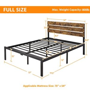 Yaheetech Industrial Platform Bed Frame Full with Wood Headboard and Metal Slats, Rustic Country Bed with Mattress Foundation/12 Inch Underbed Storage/No Box Spring Needed/Strong Slats Support, Brown