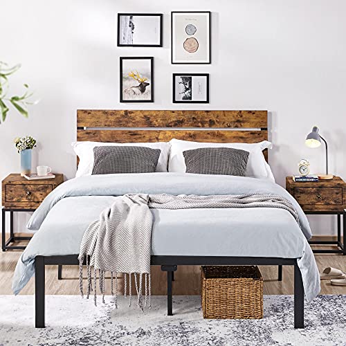 Yaheetech Industrial Platform Bed Frame Full with Wood Headboard and Metal Slats, Rustic Country Bed with Mattress Foundation/12 Inch Underbed Storage/No Box Spring Needed/Strong Slats Support, Brown