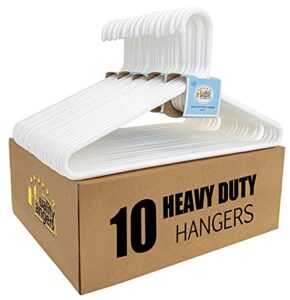 quality white hangers 10-pack - super heavy duty plastic clothes hanger multipack - 17 inch thick strong standard closet clothing hangers with hook for scarves and belts coat hangers (white, 10)