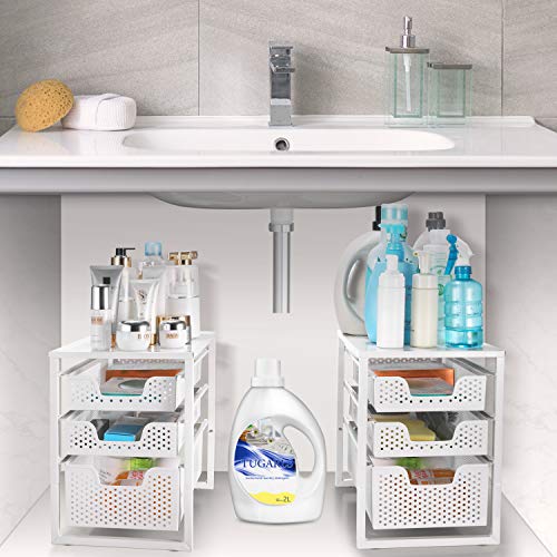 Simple Trending 3-Tier Under Sink Cabinet Organizer with Sliding Storage Drawer, Desktop Organizer for Kitchen Bathroom Office, Stackbale,White