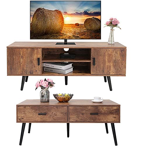 Iwell Mid-Century Boho Coffee Table & TV Stand with Storage for Living Room,Cocktail Table, TV Table, Rectangular Sofa Table, Office Table, Elegant Functional Table, Rustic Brown