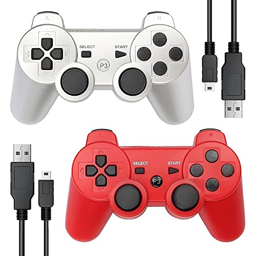 Vinonda PS3 Controller Wireless Game Controller with Double Vibration & 2 Charging Cable 2 Pack Gamepad Compatible with Playstation 3 (Silver+Red)