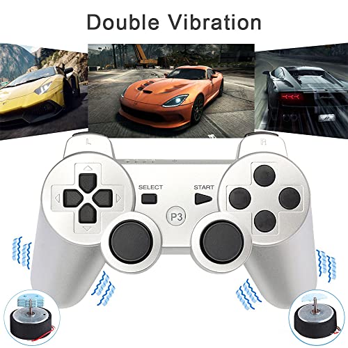 Vinonda PS3 Controller Wireless Game Controller with Double Vibration & 2 Charging Cable 2 Pack Gamepad Compatible with Playstation 3 (Silver+Red)