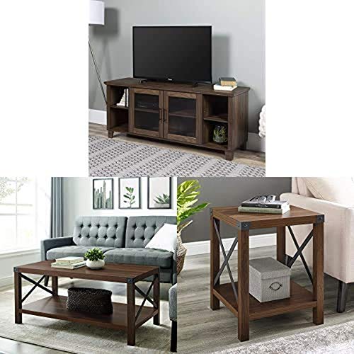 Walker Edison Furniture Rustic Farmhouse Wood Stand for TV's with Coffee Table Living Room Ottoman Storage Shelf and Metal and Wood Side Accent Living Room Small End Table