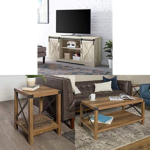 Walker Edison Furniture Company Modern Farmhouse Sliding Barndoor Wood Stand for TV's with Side Accent Living Room Small End Table and Coffee Table Living Room Ottoman Storage Shelf