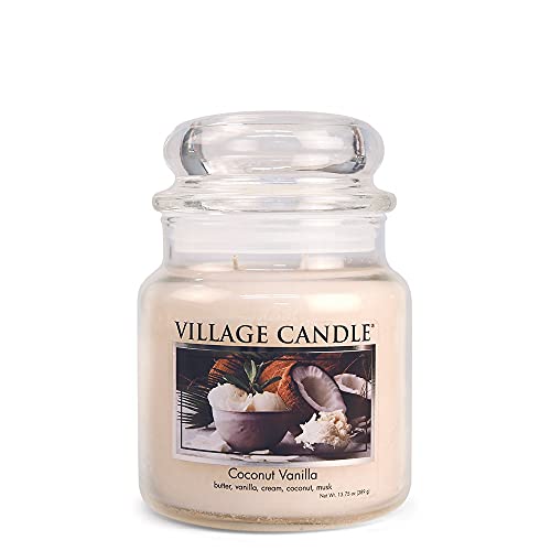 Village Candle Coconut Vanilla, Medium Glass Apothecary Jar Scented Candle, 13.75 oz, White