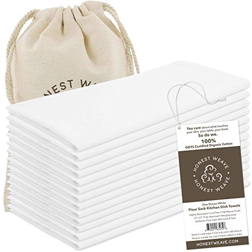 HONEST WEAVE GOTS Certified 100% Organic Flour Sack Cotton Kitchen Hand and Dish Towel Sets - Extra Large 27x27 inches, Fully Hemmed, 12-Pack, White