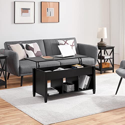 Yaheetech Coffee Table, Lift Top Coffee Table w/Hidden Storage Compartment & Lower 3 Cube Open Shelves, Lift Tabletop Coffee Table for Living Room/Reception Room/Office, Black
