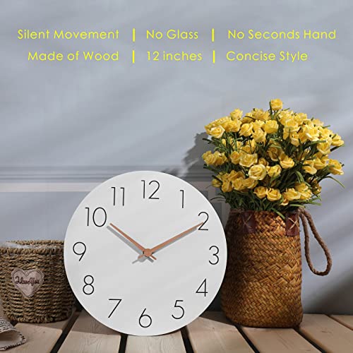 Plumeet 12'' Wooden Wall Clock Frameless Clocks with Silent Quartz Movement - Modern Style Village Wall Clocks Decorative Home Kitchen - Battery Operated (White)