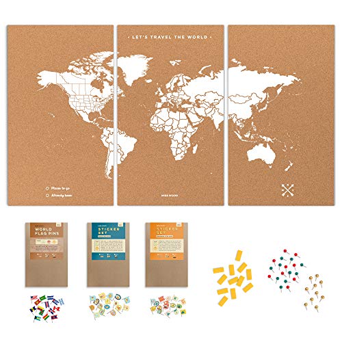 Push Pin Travel Map Kit Includes: Cork World Travel Map, World Flags, Monument and Food Stickers, for Travelers (White, Puzzle M Premium)